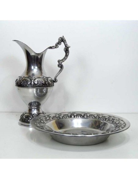 JARRA CON PALANGANA PLATEADA VINTAGE 38x38.5
