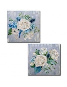 CUADRO EN LIENZO AZUL FLORES BLANCAS 80x80
