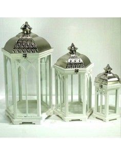 SET DE TRES FAROLES MADERA Y METAL 76x39