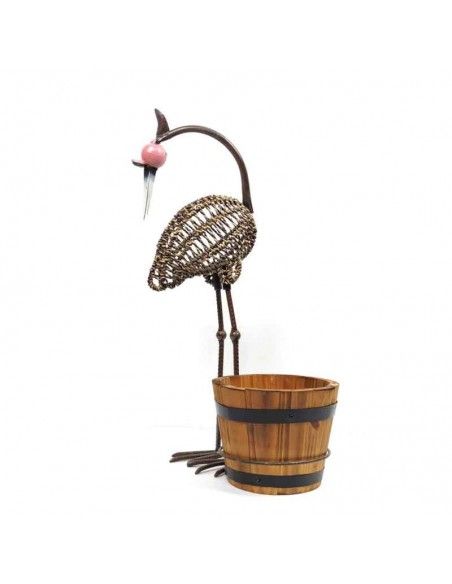 FIGURA GARZA FORJA CON MACETERO DE MADERA