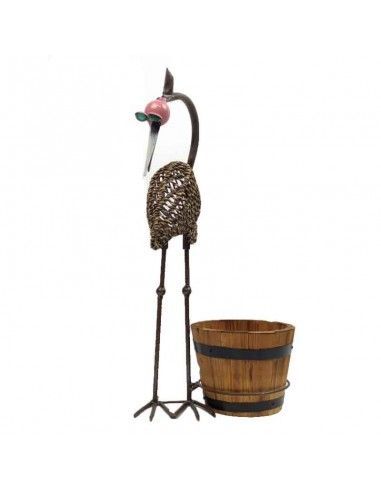 FIGURA GARZA FORJA CON MACETERO DE MADERA
