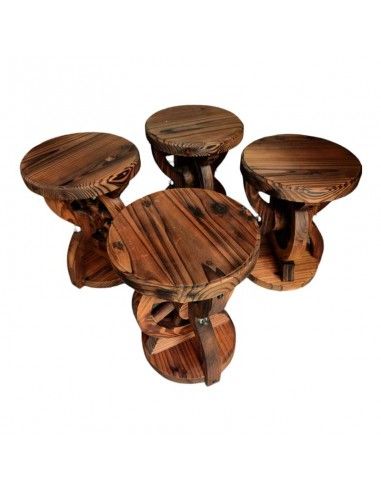 MESA Y 4 TABURETES RUEDA MADERA 70x70