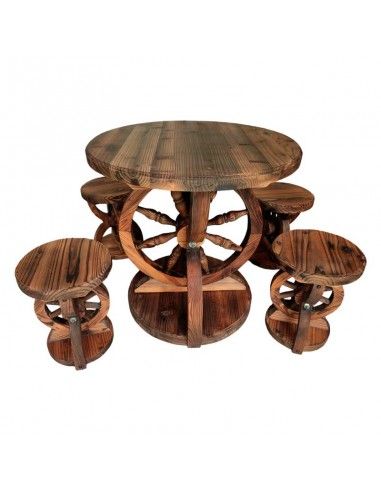 MESA Y 4 TABURETES RUEDA MADERA 70x70