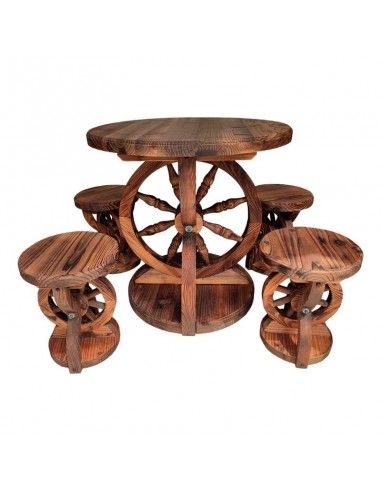 MESA Y 4 TABURETES RUEDA MADERA 70x70