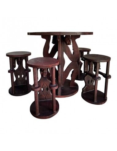 MESA AFRICANO Y 4 TABURETES MADERA 75x79