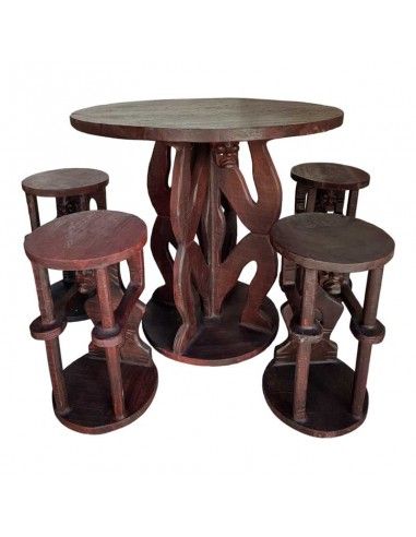 MESA AFRICANO Y 4 TABURETES MADERA 75x79