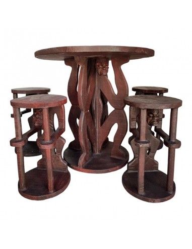 MESA AFRICANO Y 4 TABURETES MADERA 75x79