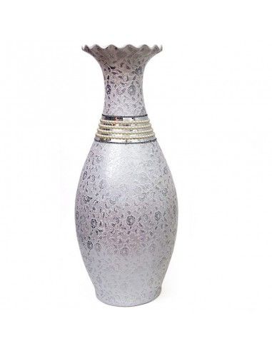 VASIJA DE CERAMICA CON PERLAS Y DIBUJO DE FLORES