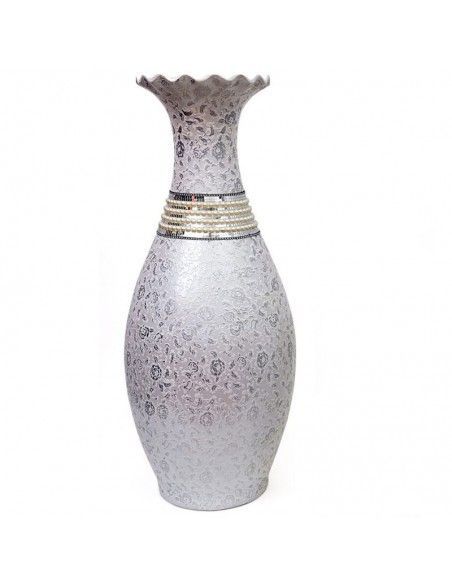 VASIJA DE CERAMICA CON PERLAS Y DIBUJO DE FLORES