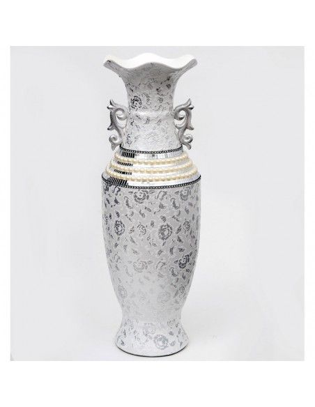 VASIJA DE CERAMICA CON PERLAS Y DIBUJO DE FLORES