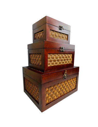 SET 3 CAJAS MADERA Y RATTÁN 23x40