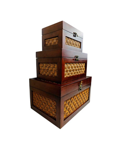 SET 3 CAJAS MADERA Y RATTÁN 23x40