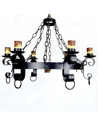 LAMPARA DE TECHO DE RUEDA Y FORJA SEIS LUCES
