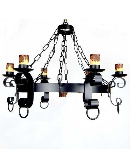 LAMPARA DE TECHO DE RUEDA Y FORJA SEIS LUCES