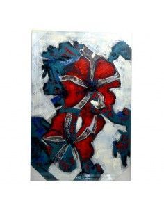 CUADRO PINTADO AL OLEO ABSTRACTO CON FLORES ROJAS Y AZULES
