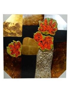 CUADRO EN MADERA CON FLORERO Y FLORES ASBRACTO