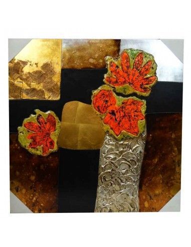 CUADRO EN MADERA CON FLORERO Y FLORES ASBRACTO