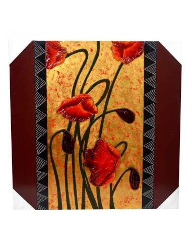CUADRO DE MADERA CON FLORES ROJAS