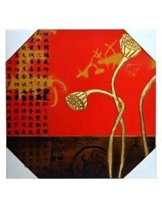 CUADRO DE MADERA CON FLORES DORADAS ORIENTAL