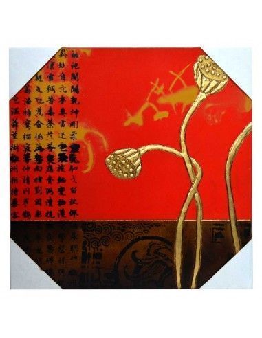 CUADRO DE MADERA CON FLORES DORADAS ORIENTAL