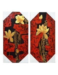 SET 2 CUADROS DE MADERA CON FLORES DORADAS