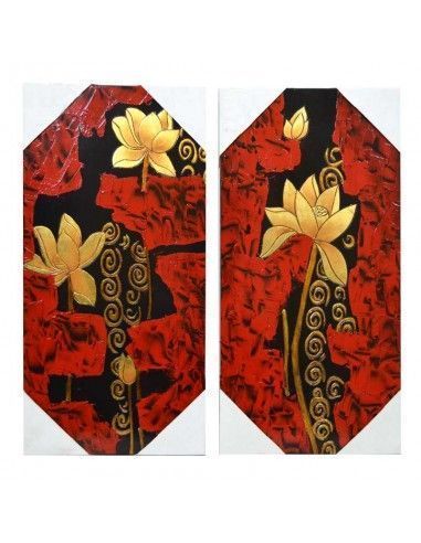 SET 2 CUADROS DE MADERA CON FLORES DORADAS