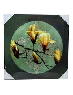 CUADRO DE MADERA CON FLORES AMRILLAS SOBRE FONDO AZUL