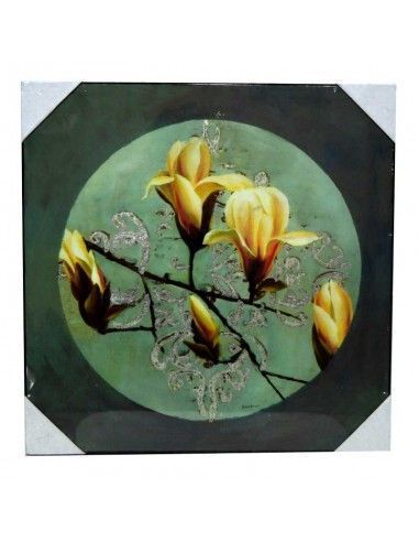 CUADRO DE MADERA CON FLORES AMRILLAS SOBRE FONDO AZUL
