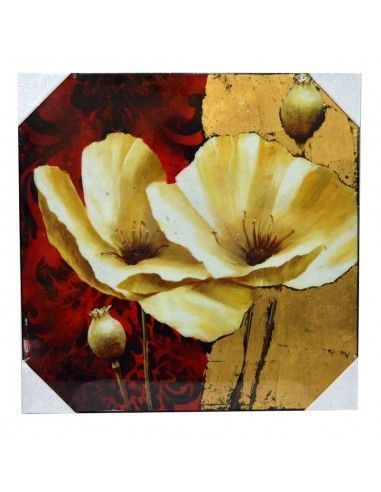 CUADRO DE MADERA CON FLORES AMARILLAS SOBRE FONDO ROJO Y DORADO