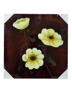 CUADRO DE MADERA CON FLORES AMARILLAS SOBRE FONDO ROJO