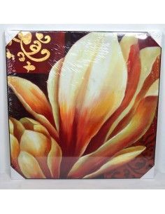 CUADRO DE MADERA CON FLORES AMARILLAS SOBRE FONDO ROJO