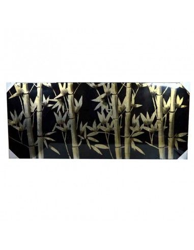 CUADRO DE MADERA CON HOJAS DE BAMBU DORADAS SOBRE FONDO NEGRO