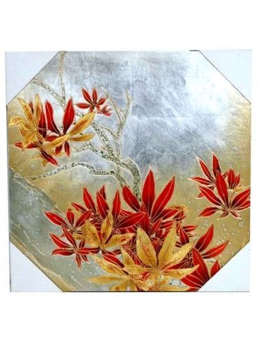 CUADRO DE MADERA CON FLORES ROJAS Y DORADAS