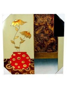 CUADRO DE MADERA CON FLORES DORADAS EN FLORERO