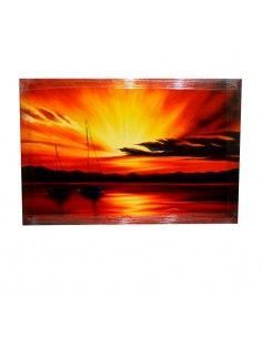 CUADRO PINTADO AL OLEO ATARDECER EN EL MAR CON VELEROS
