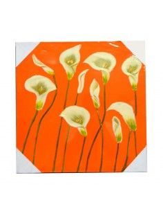 CUADRO PINTADO AL OLEO FLORES BLANCAS SOBRE FONDO NARANJA