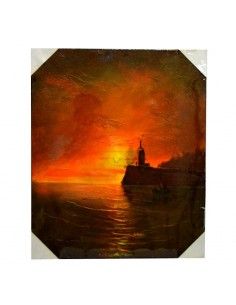 SET CUADROS PINTADOS AL OLEO ATARDECER EN EL MAR CON FARO Y VELEROS 2