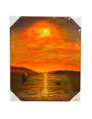 SET CUADROS PINTADOS AL OLEO ATARDECER EN EL MAR CON FARO Y VELEROS