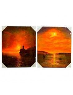 SET CUADROS PINTADOS AL OLEO ATARDECER EN EL MAR CON FARO Y VELEROS