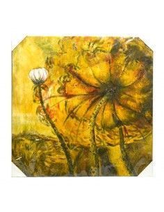 CUADRO PINTADO AL OLEO FLORES AMARILLAS SOBRE FONDO AMARILLO VERDOSO