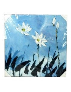 CUADRO PINTADO AL OLEO FLORES BLANCAS SOBRE FONDO AZUL