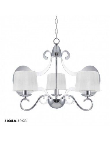 LAMPARA DE TECHO DE TRES LUCES EN METAL CROMO CON PANTALLA TELA BLANCA