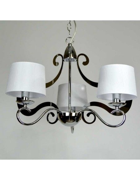 LAMPARA DE TECHO DE TRES LUCES EN METAL CROMO CON PANTALLA TELA BLANCA