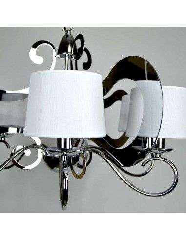 LAMPARA DE TECHO DE SEIS LUCES EN METAL CROMO CON PANTALLA TELA BLANCA