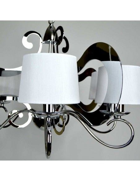 LAMPARA DE TECHO DE SEIS LUCES EN METAL CROMO CON PANTALLA TELA BLANCA