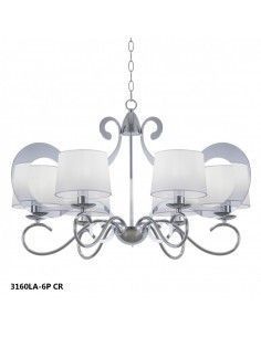 LAMPARA DE TECHO DE SEIS LUCES EN METAL CROMO CON PANTALLA TELA BLANCA