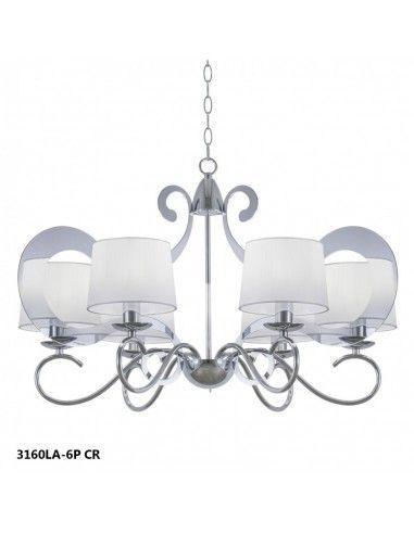 LAMPARA DE TECHO DE SEIS LUCES EN METAL CROMO CON PANTALLA TELA BLANCA