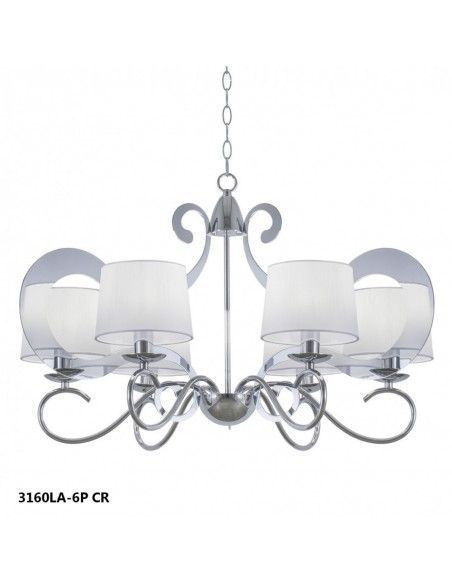 LAMPARA DE TECHO DE SEIS LUCES EN METAL CROMO CON PANTALLA TELA BLANCA