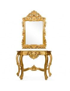 CONSOLA Y ESPEJO DE MADERA ORO ENVEJECIDO