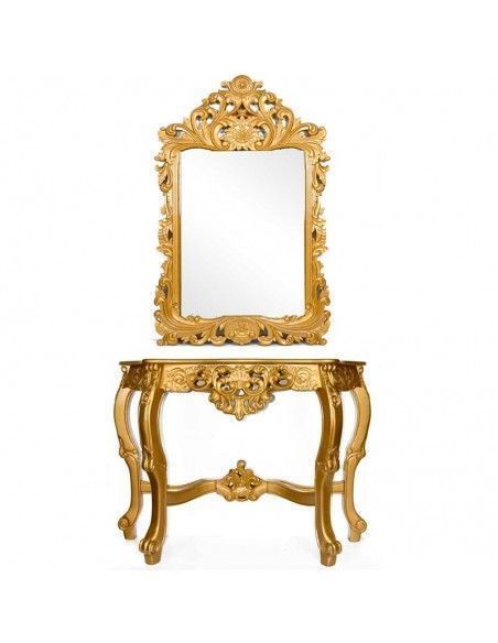CONSOLA Y ESPEJO DE MADERA ORO ENVEJECIDO